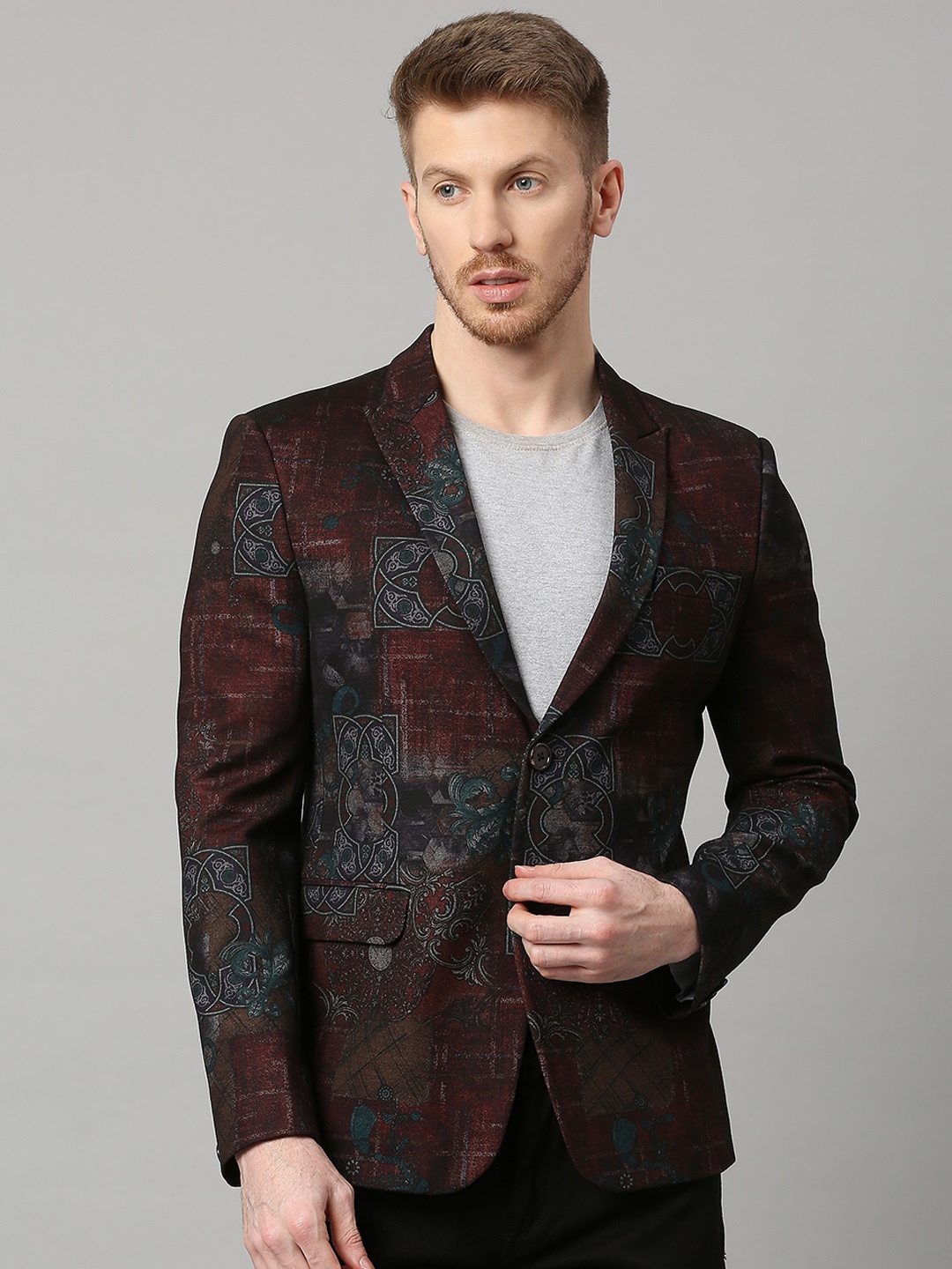 

ESSAS club Ethnic Motifs Printed Slim Fit Single-Breasted Blazer, Maroon