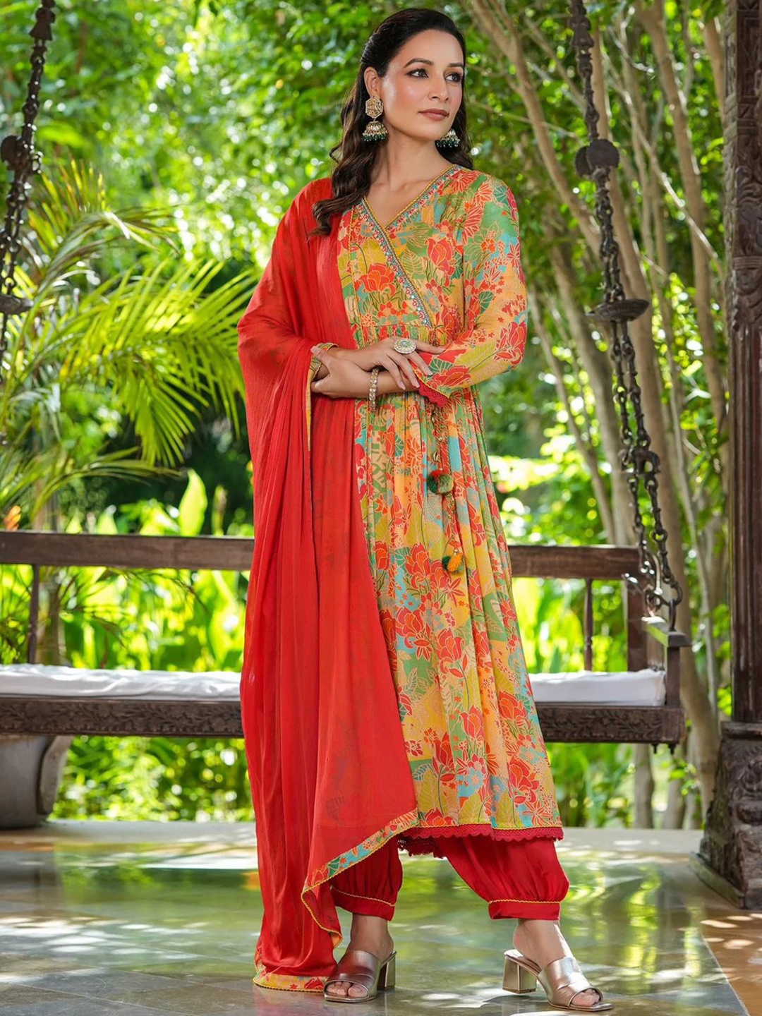 

KALINI Floral Printed Angrakha Thread Work V-Neck Anarkali Kurta With Trousers & Dupatta, Yellow