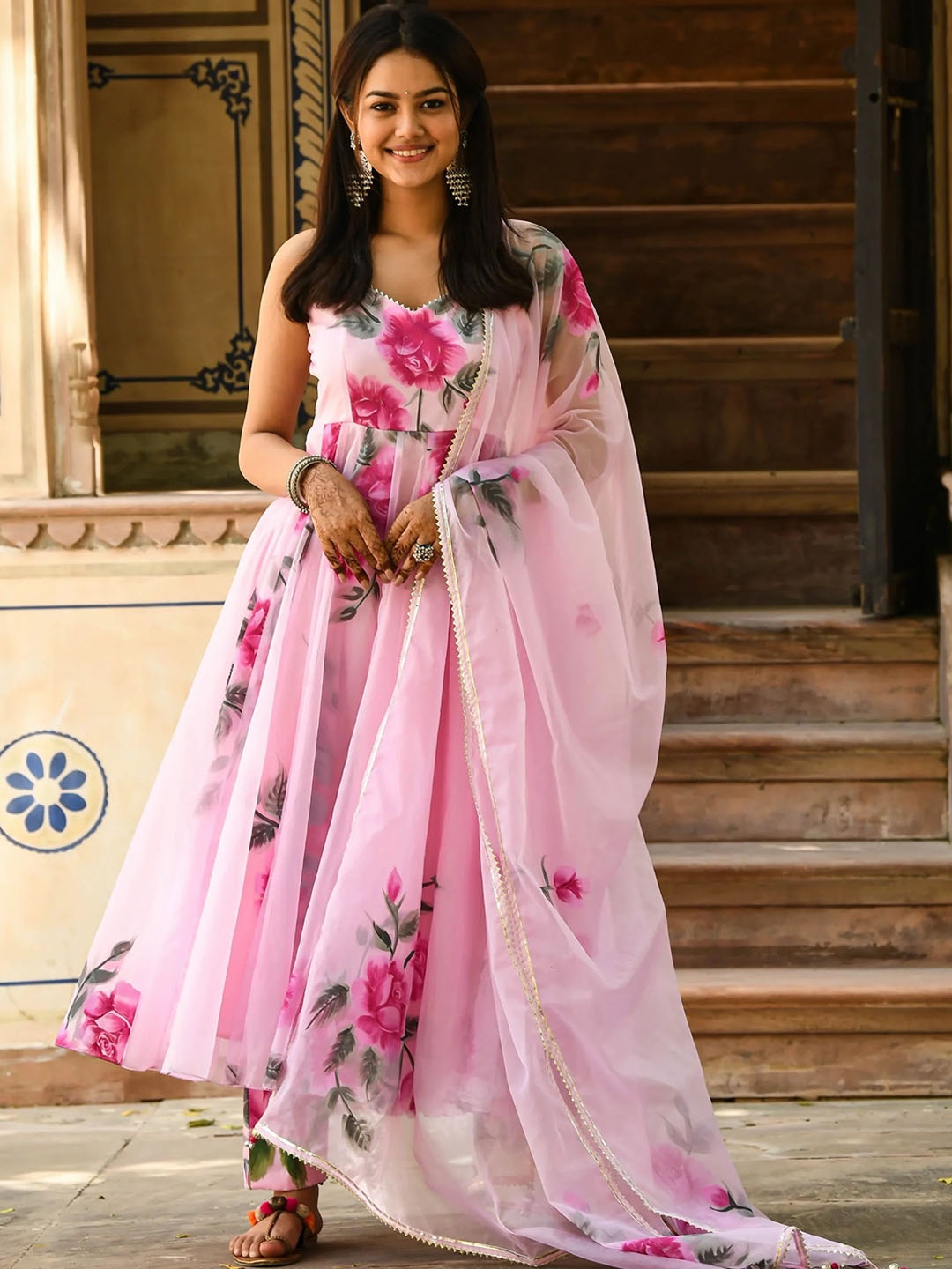 

KALINI Floral Printed V-Neck Gotta Patti Organza Anarkali Kurta With Trousers & Dupatta, Pink