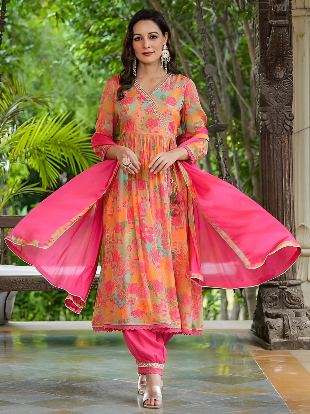 

KALINI Floral Printed V-Neck Angrakha Anarkali Kurta With Trousers & Dupatta, Pink