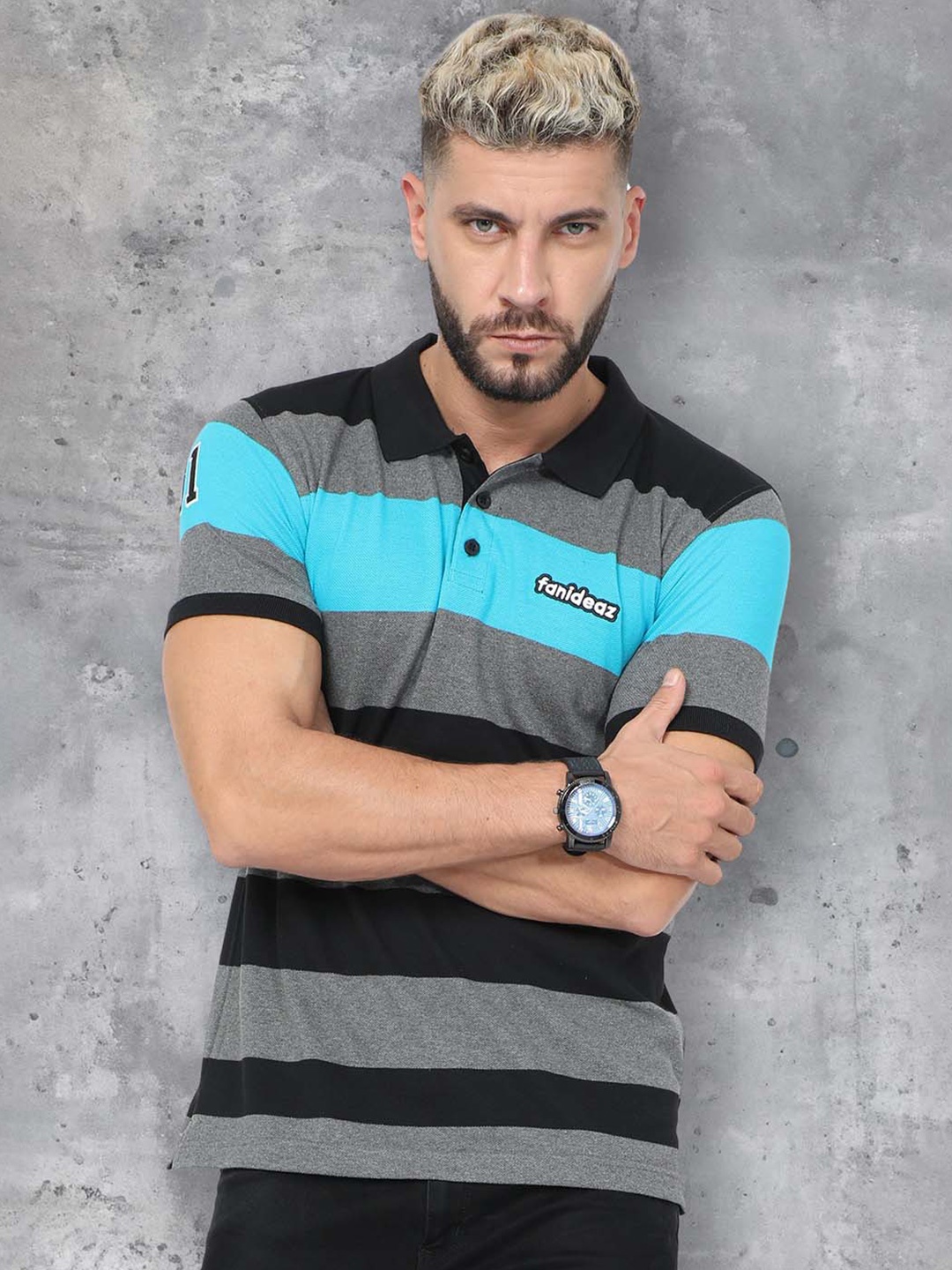 

fanideaz Striped Polo Collar Pure Cotton T-shirt, Turquoise blue