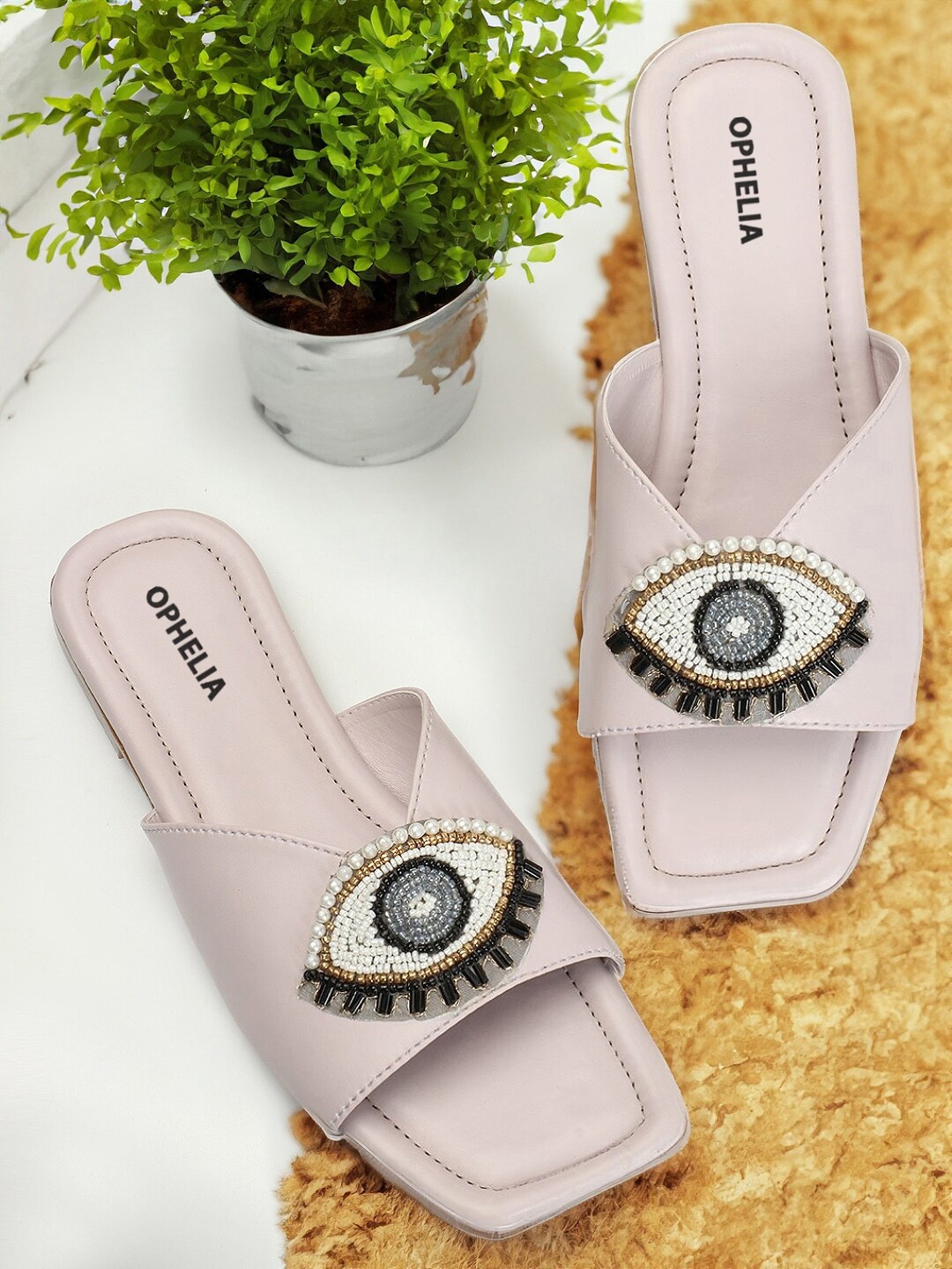 

OPHELIA Evil Eye Embellished Open Toe Flats, Lavender