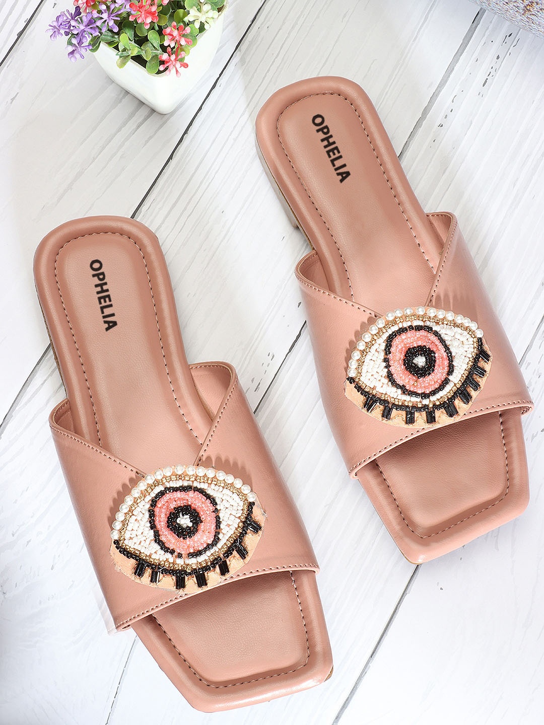 

OPHELIA Evil Eye Embellished Open Toe Flats, Peach