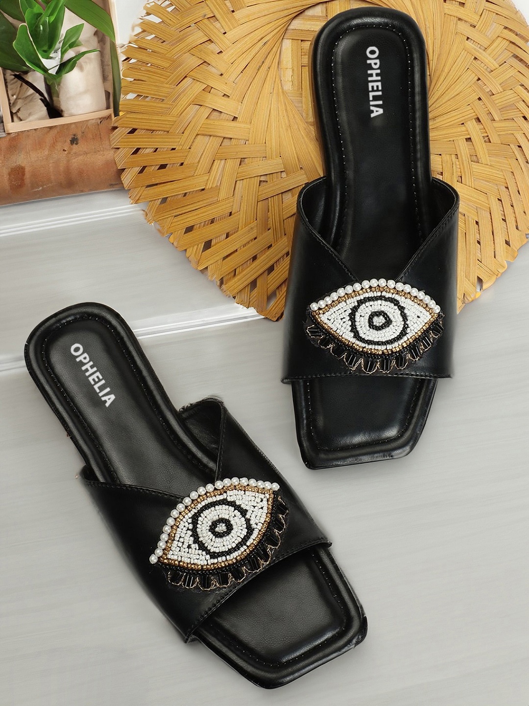 

OPHELIA Evil Eye Embellished Open Toe Flats, Black