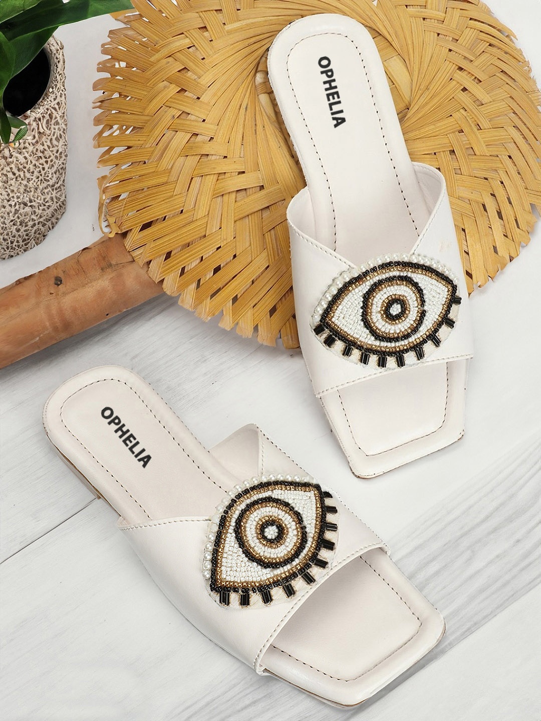 

OPHELIA Evil Eye Embellished Open Toe Flats, White
