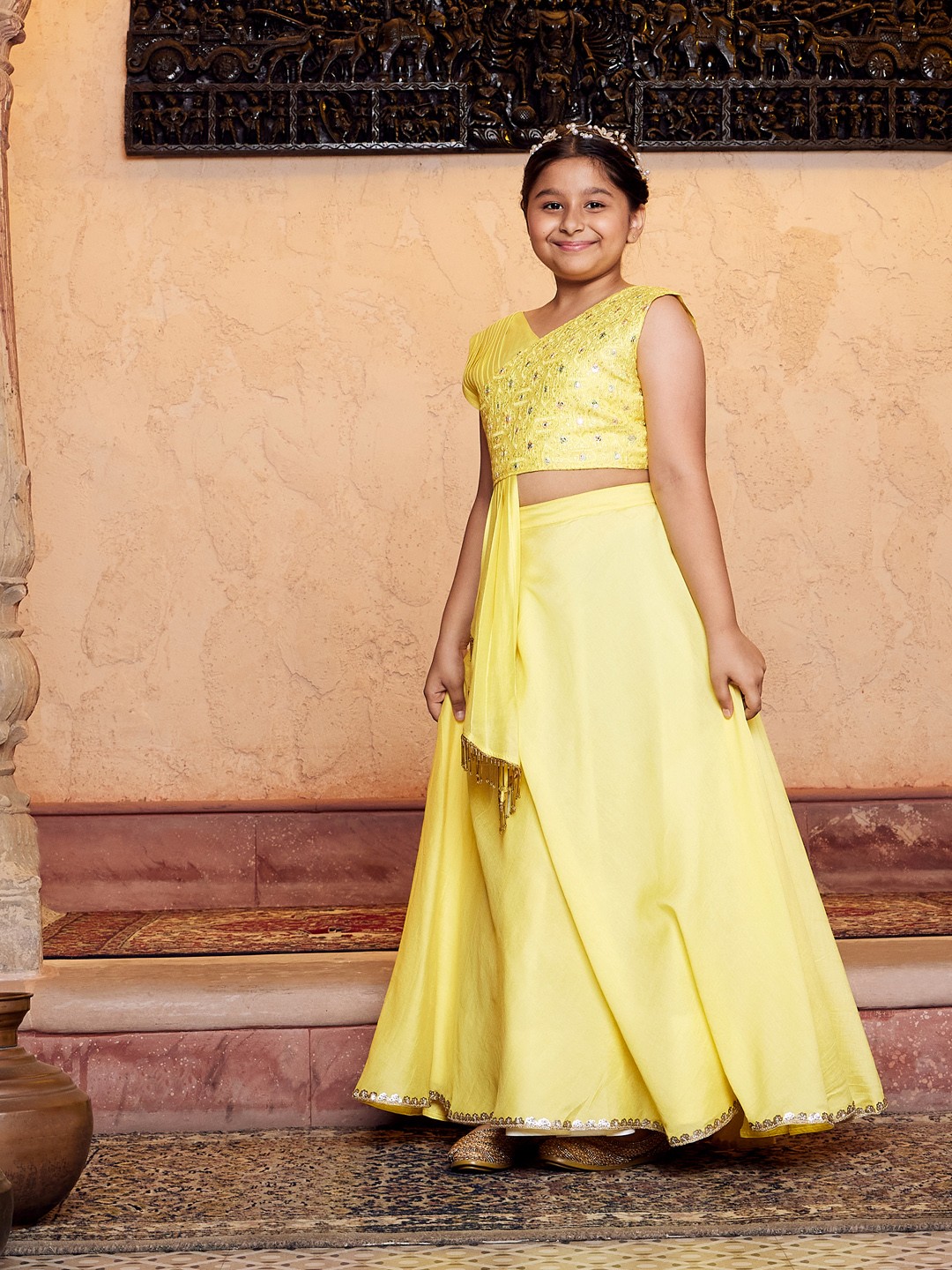 

VASTRAMAY Girls Embroidered Sequinned Cotton Ready To Wear Lehenga & Choli With Dupatta, Yellow