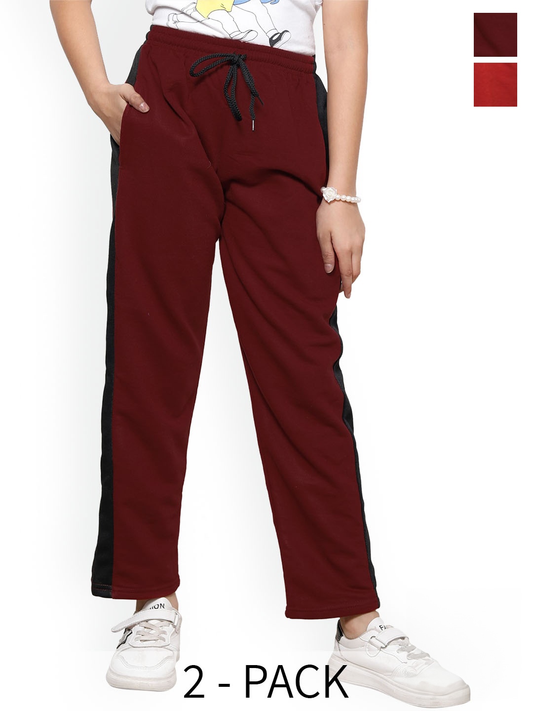 

IndiWeaves Girls Pack of 2 Mid-Rise Fleece Track Pants, Red