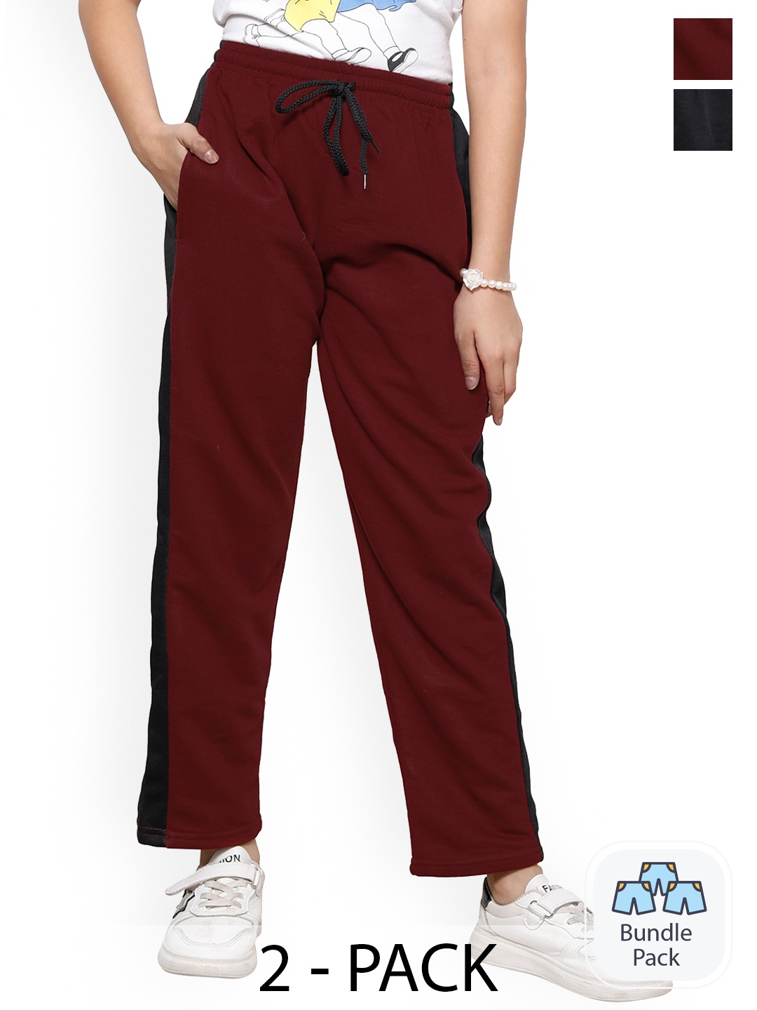 

IndiWeaves Girls Pack Of 2 Mid-Rise Track Pants, Maroon