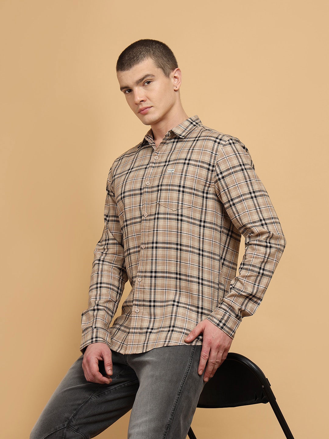 

Wrangler Tartan Checked Pure Cotton Casual Shirt, Beige