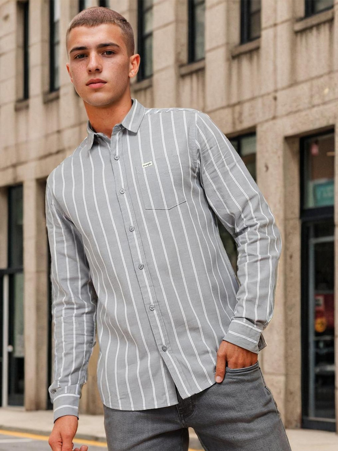 

Wrangler Striped Pure Cotton Casual Shirt, Grey
