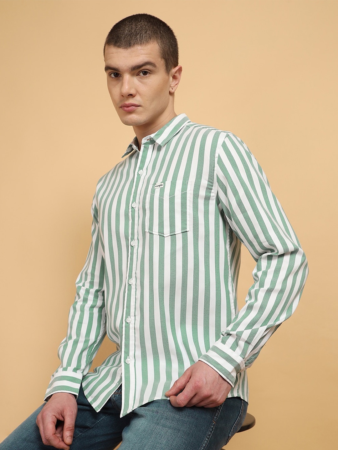 

Wrangler Opaque Striped Cotton Casual Shirt, Green