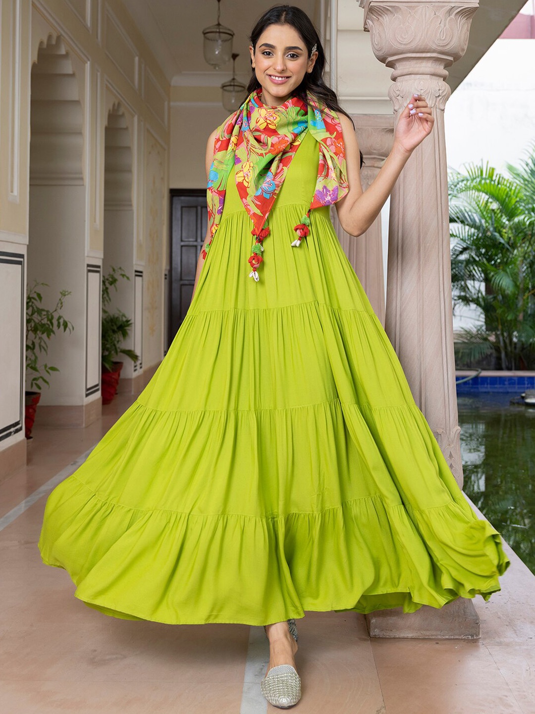 

Janasya Sleeveless Tiered Fit & Flare Maxi Dress With Scarf, Lime green
