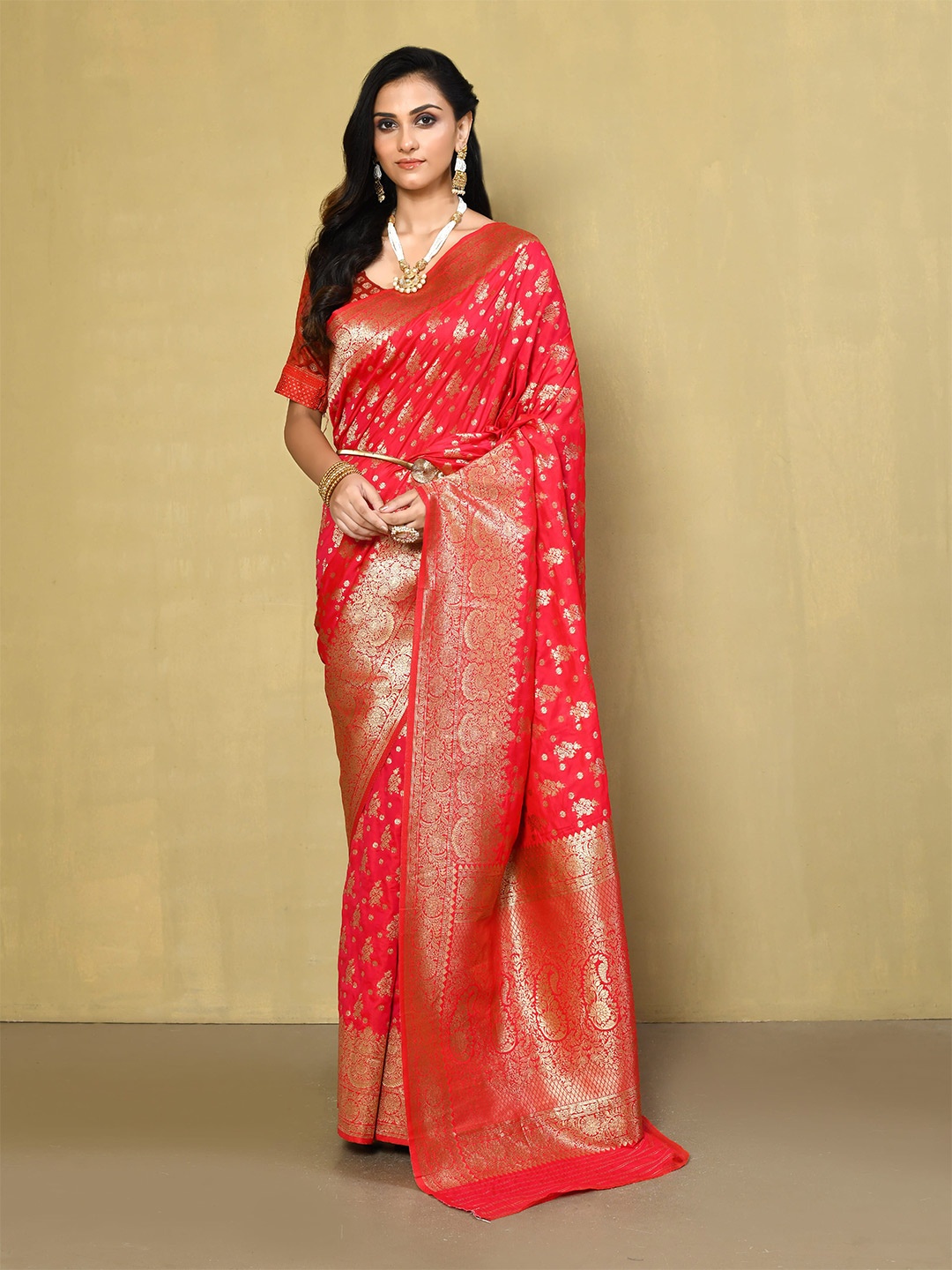 

elora Ethnic Motifs Woven Design Zari Banarasi Saree, Pink