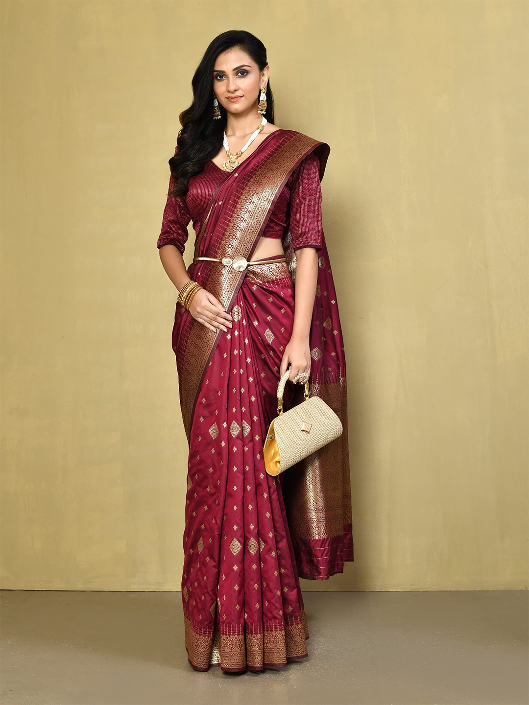 

elora Ethnic Motifs Woven Design Zari Silk Blend Banarasi Saree, Maroon