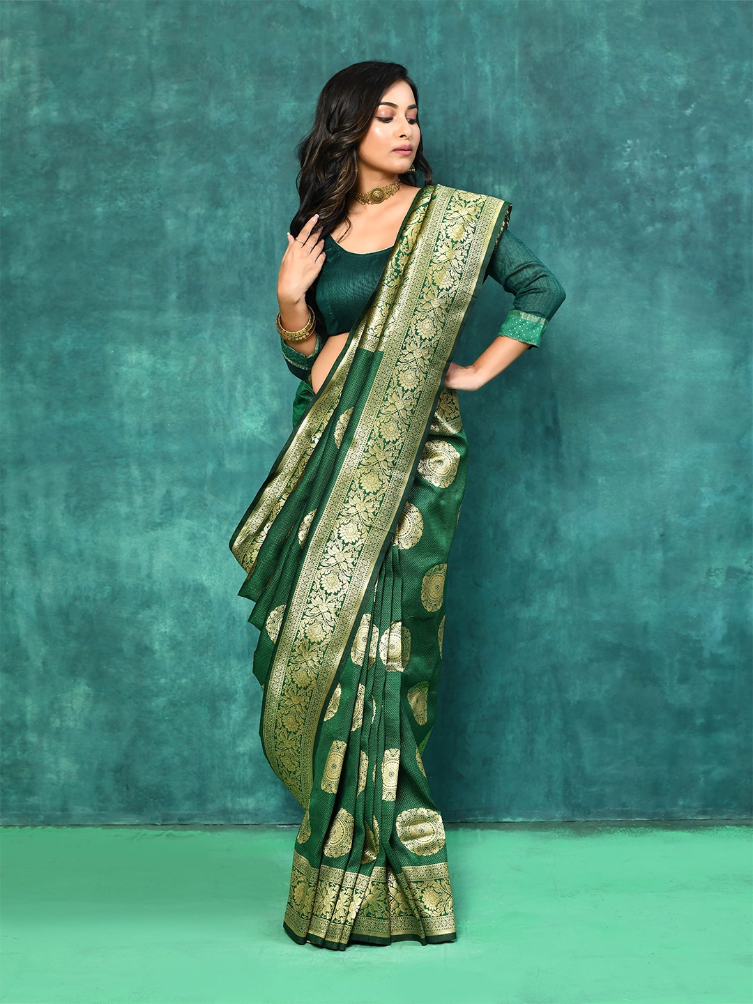 

elora Woven Design Zari Banarasi Saree, Green