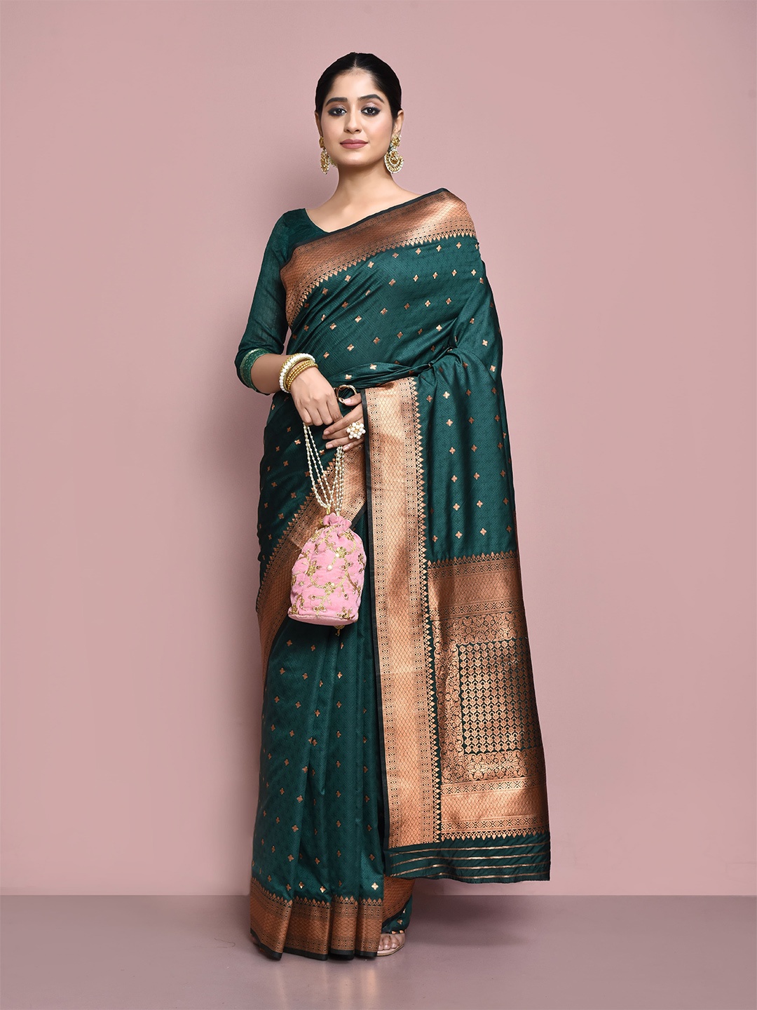 

elora Ethnic Motifs Woven Design Zari Banarasi Saree, Green