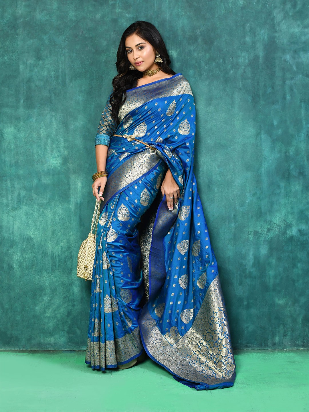 

elora Ethnic Motifs Woven Design Zari Banarasi Saree, Blue
