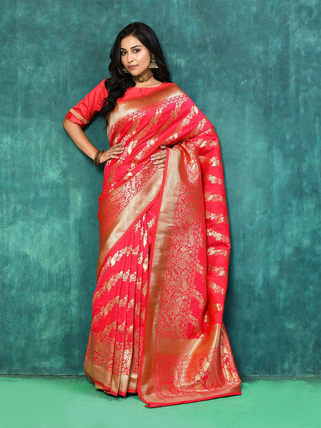 

elora Ethnic Motifs Woven Design Zari Banarasi Saree, Pink