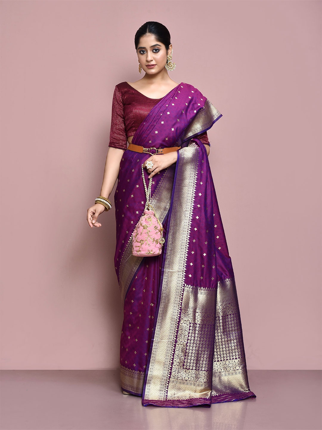 

elora Ethnic Motifs Woven Design Zari Silk Blend Banarasi Saree, Purple