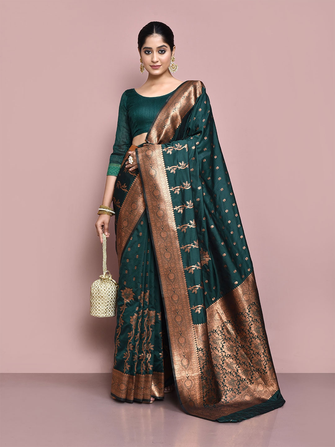 

elora Ethnic Motifs Woven Design Zari Banarasi Saree, Green