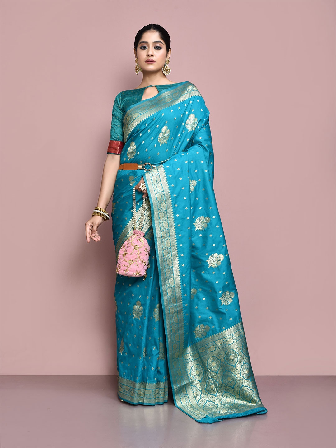 

elora Ethnic Motifs Woven Design Zari Silk Blend Banarasi Saree, Blue