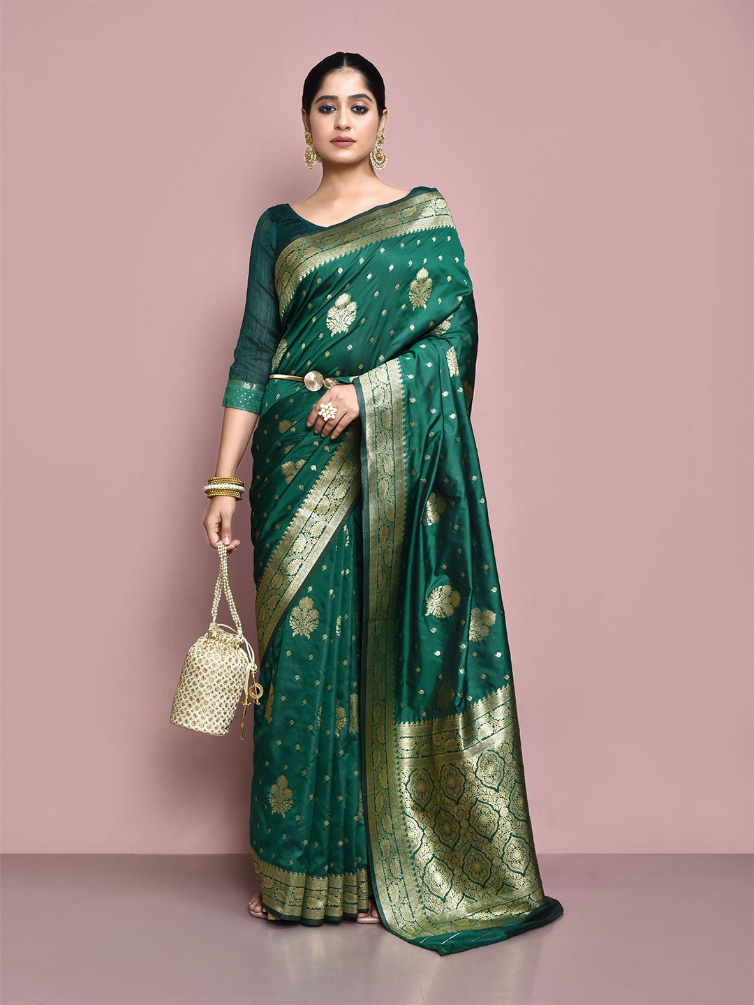 

elora Ethnic Motifs Woven Design Zari Banarasi Saree, Green