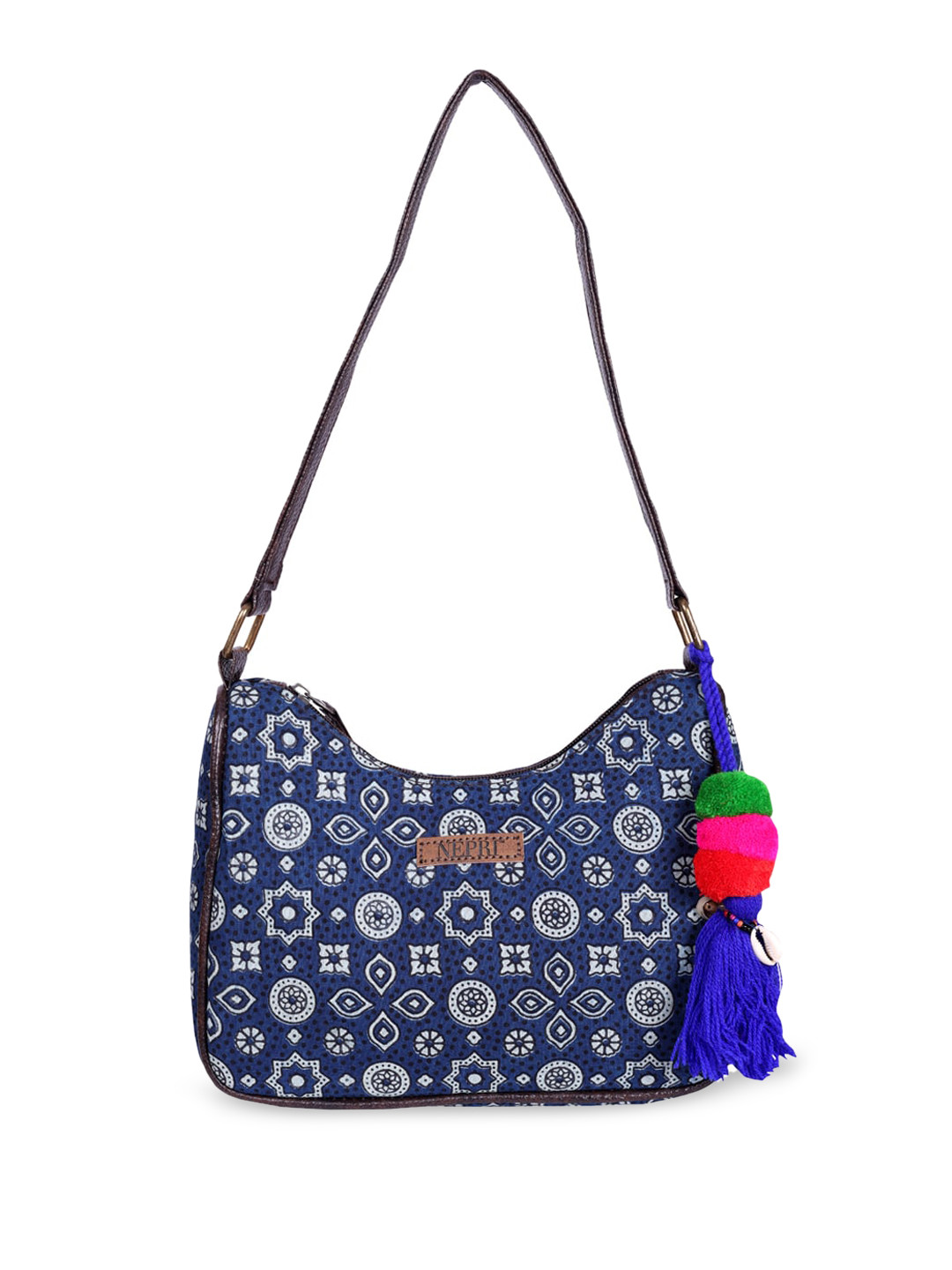 

NEPRI Ethnic Motifs Printed Structured Sling Bag with Tasselled, Navy blue
