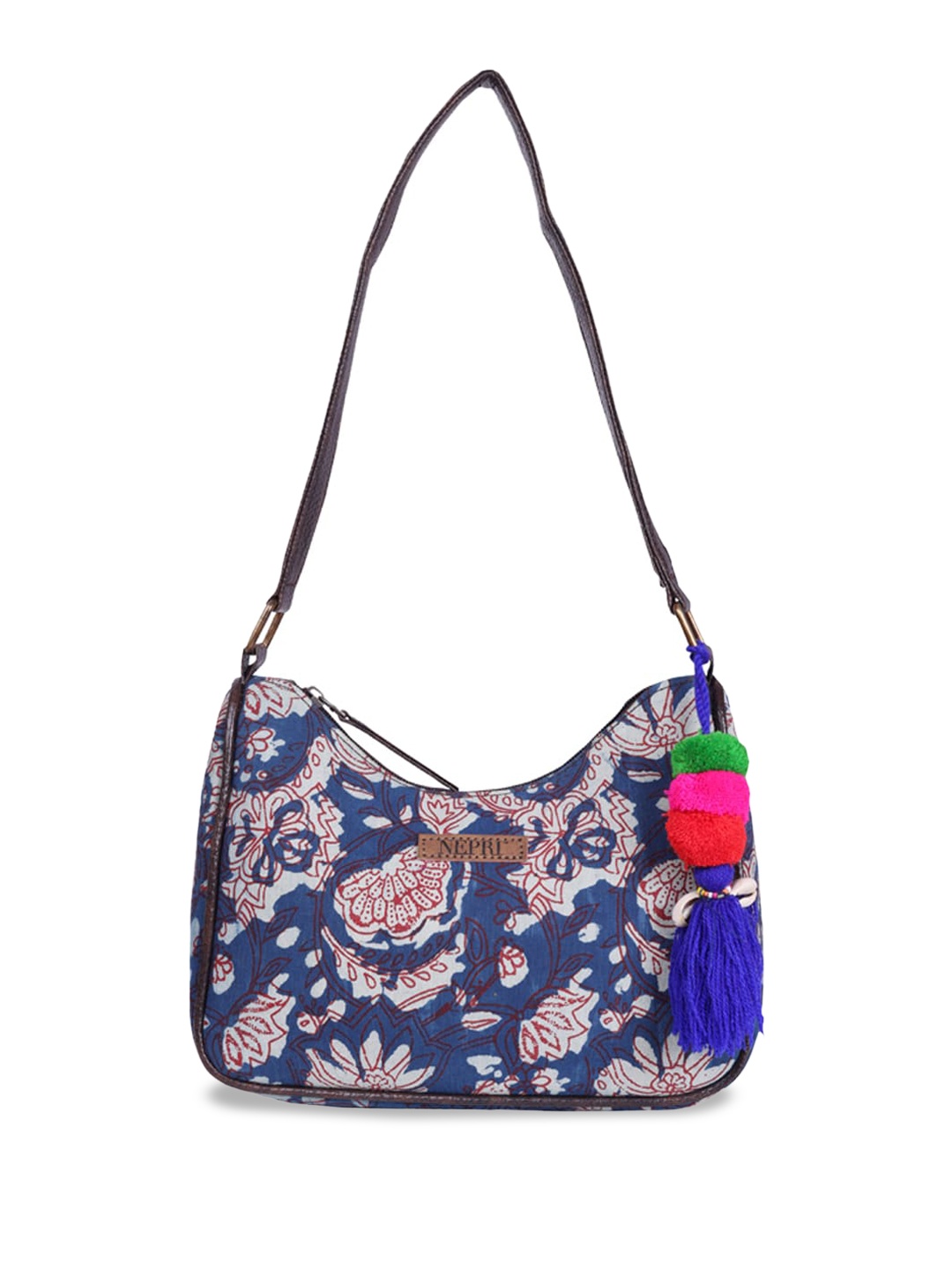 

NEPRI Floral Printed Structured Shoulder Bag with Tasselled, Blue