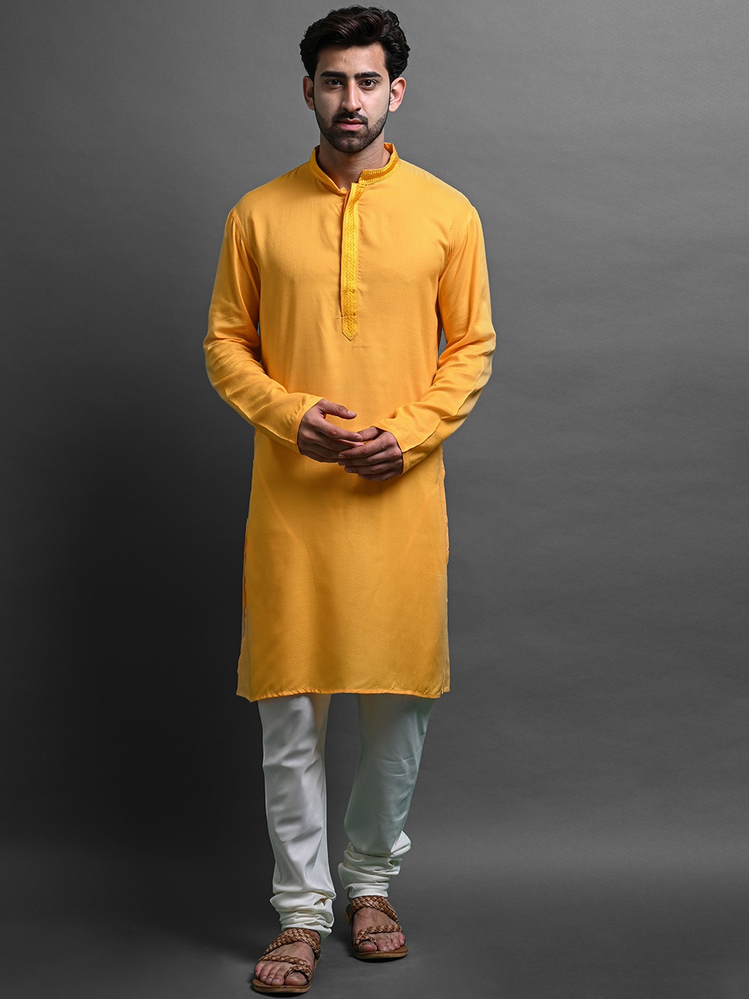 

VESHAM Woven Design Mandarin Collar Regular Kurta With Churidar, Yellow