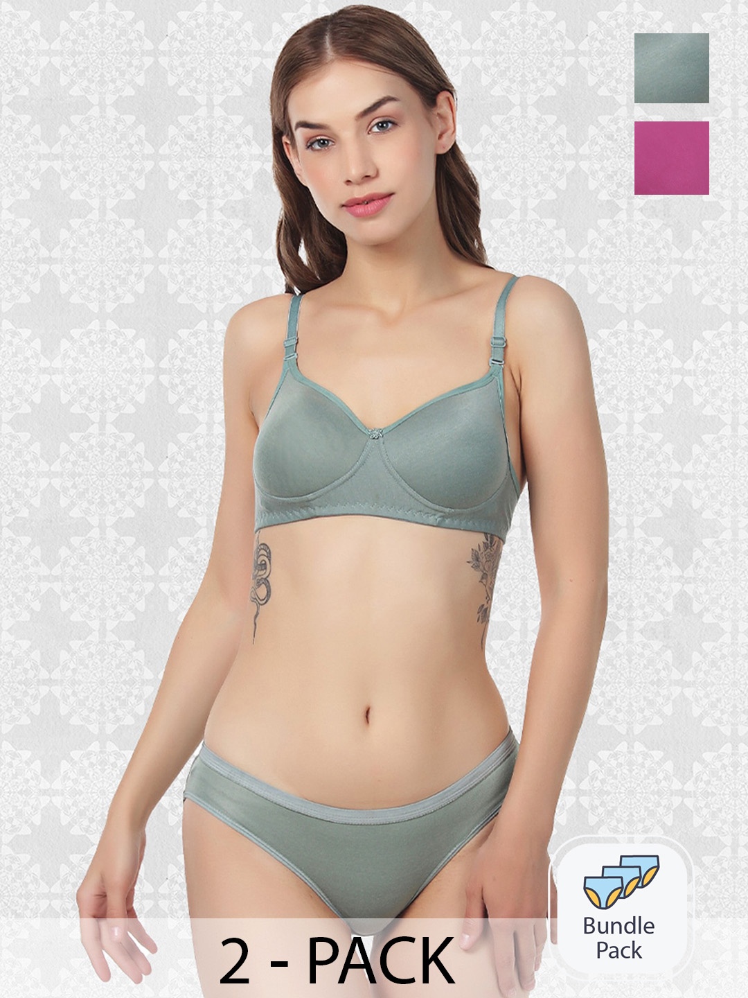 

Designer Bugs Pack Of 2 Padded Cotton Lingerie Set, Green