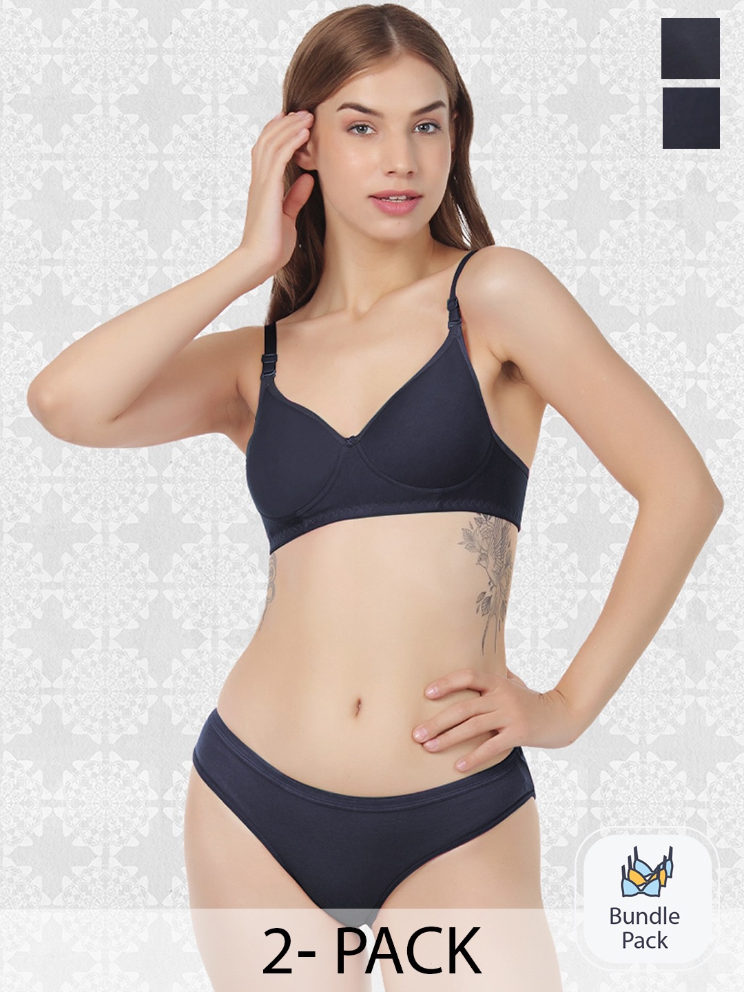 

Designer Bugs Pack Of 2 Lightly Padded Cotton Bra & Briefs, Navy blue