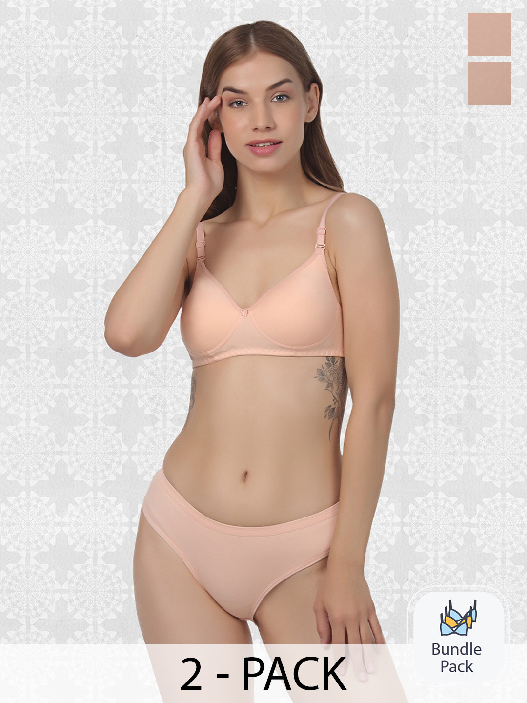 

Designer Bugs Pack Of 2 Lightly Padded Cotton Bra & Briefs, Peach