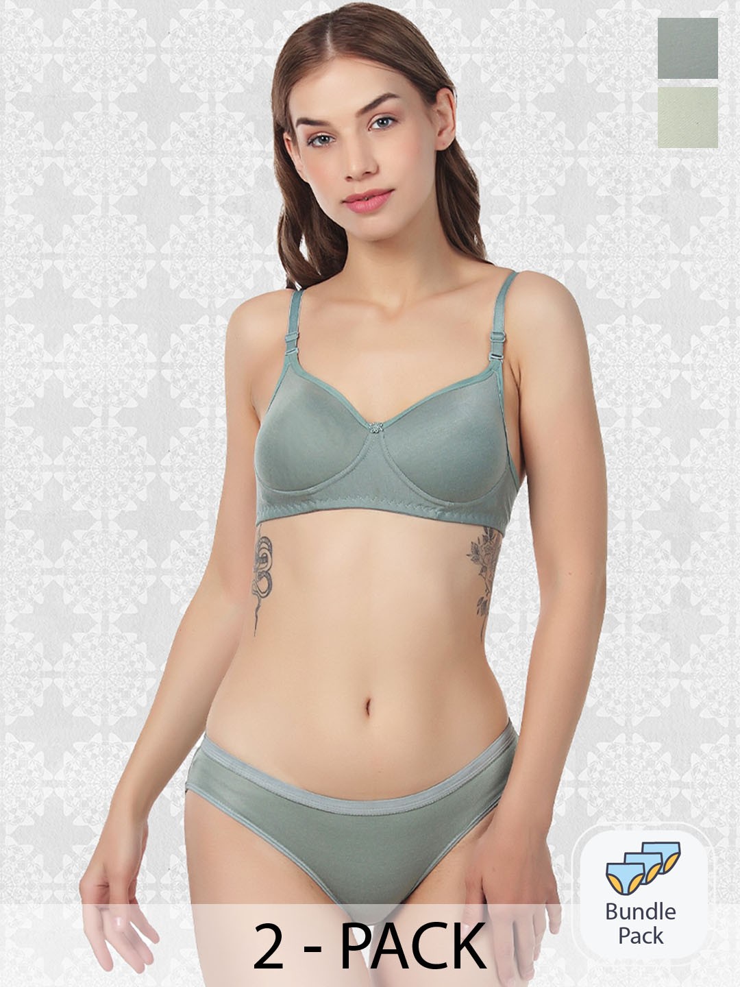 

Designer Bugs Pack Of 2 Cotton Lingerie Set, Olive