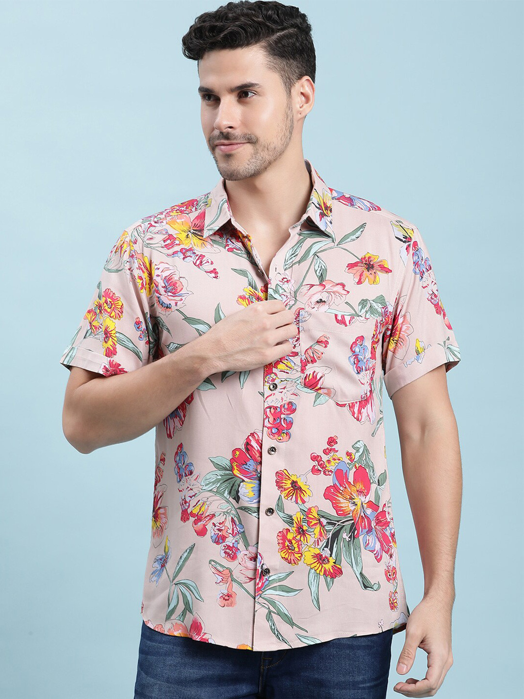 

Kannan Floral Printed Spread Collar Short Sleeves Cotton Casual Shirt, Pink