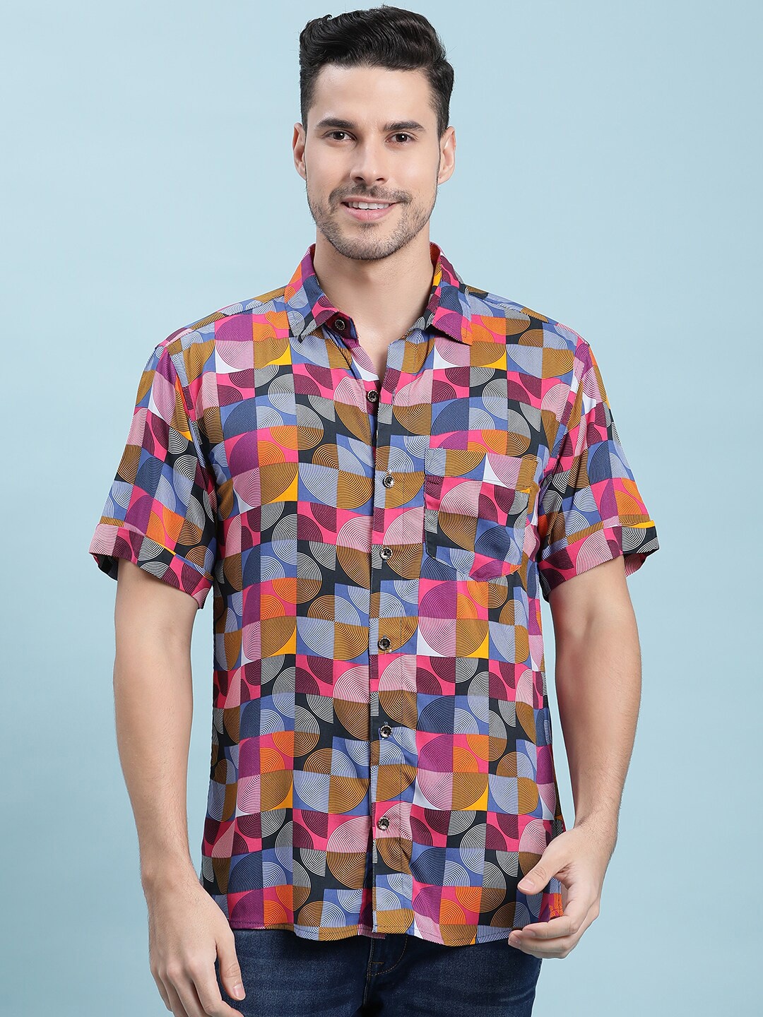 

Kannan Geometric printed Spread Collar Cotton Casual Shirt, Blue