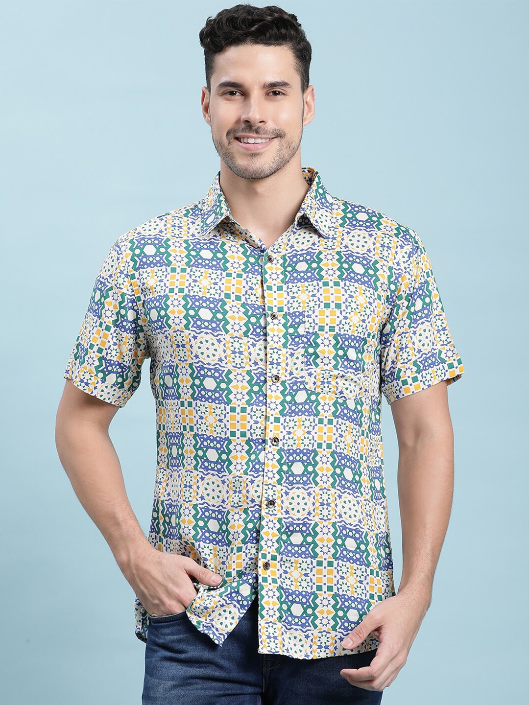 

Kannan Gepmetric Printed Cotton Casual Shirt, Cream