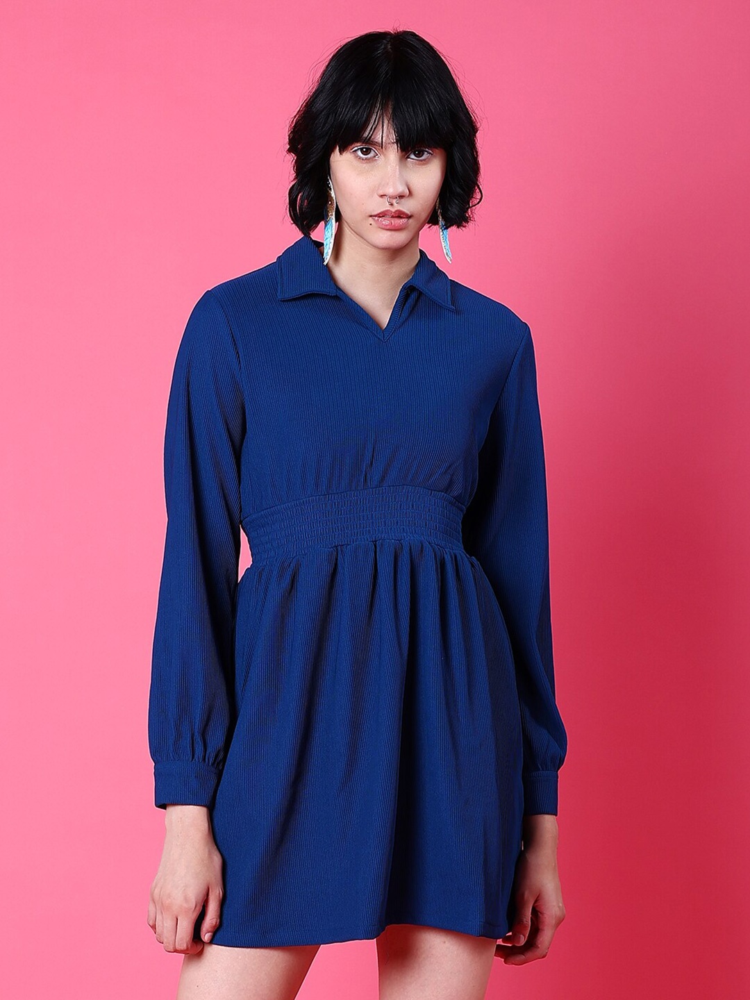 

Freehand by The Indian Garage Co Shirt Collar Fit Flare Mini Dress, Blue
