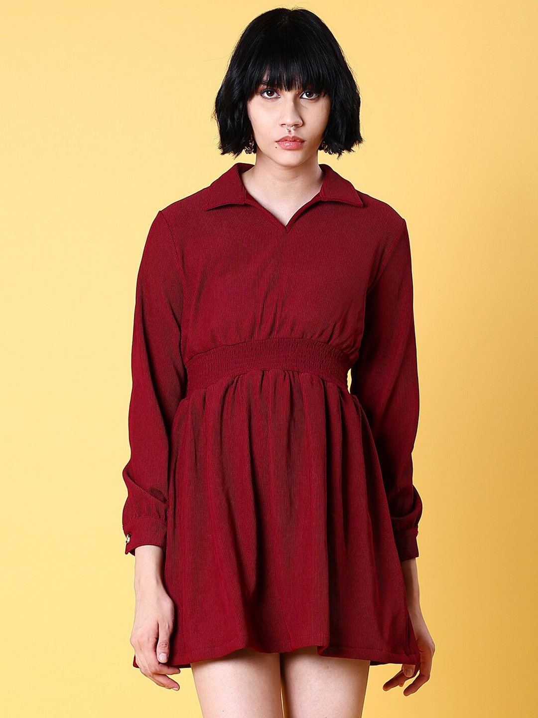 

Freehand by The Indian Garage Co Shirt Collar Fit Flare Mini Dress, Burgundy