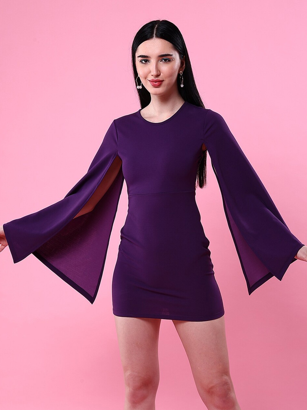 

Freehand by The Indian Garage Co Round Neck Flared Sleeve Mini Sheath Dress, Purple