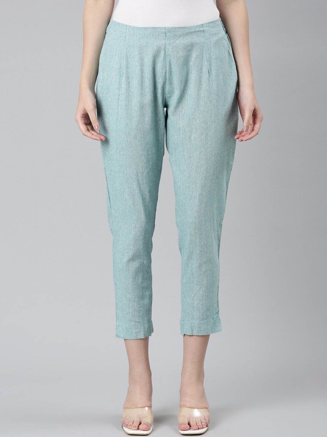 

Marcia Women Tapered Fit Pure Cotton Cropped Cigarette Trousers, Turquoise blue
