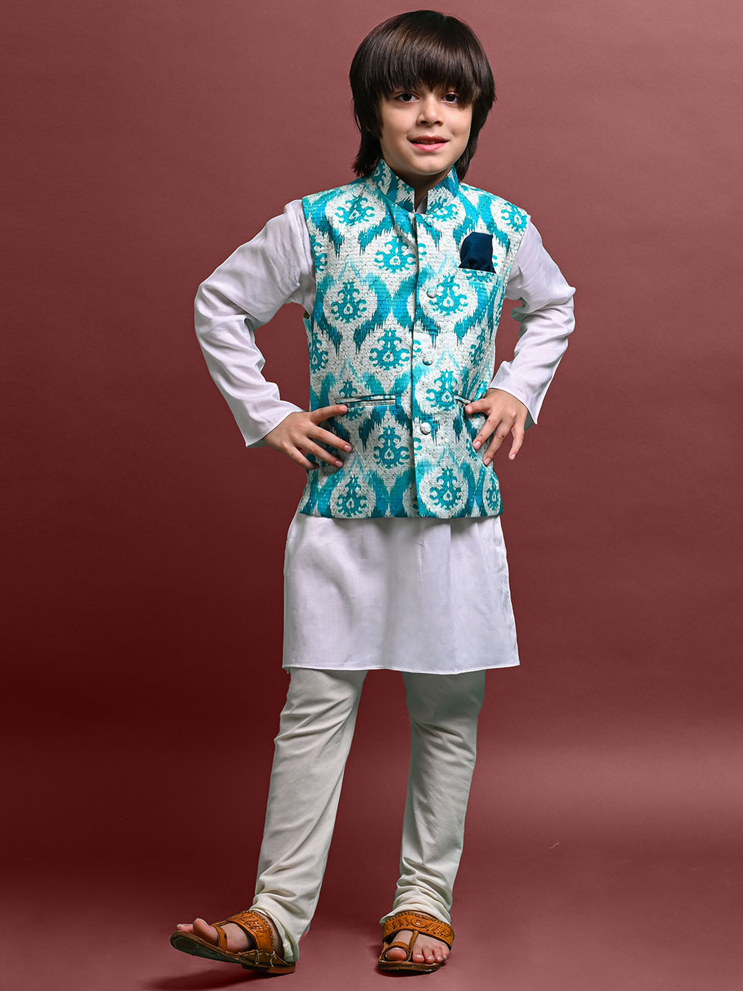 

VESHAM Boys Mandarin Collar Kurta with Pyjamas & Woven Design Nehru Jacket, Turquoise blue
