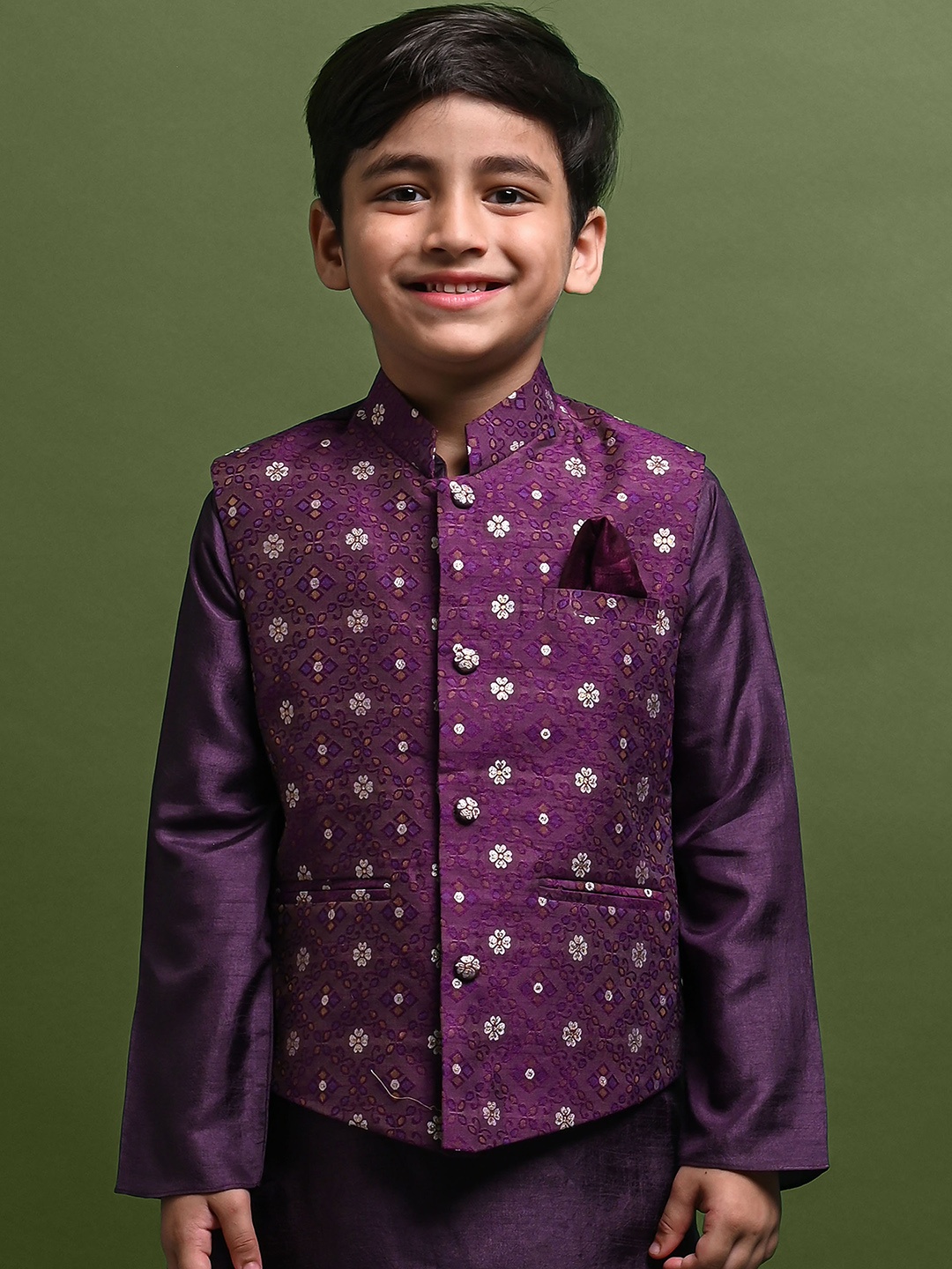 

VESHAM Boys Regular Kurta with Pyjamas And Woven Design Nehru Jacket, Purple
