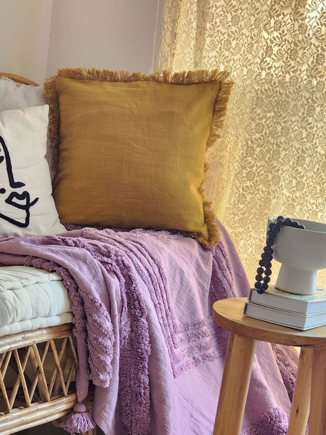 

HYPPY Mustard & White Fringe Cotton Square Cushion Covers