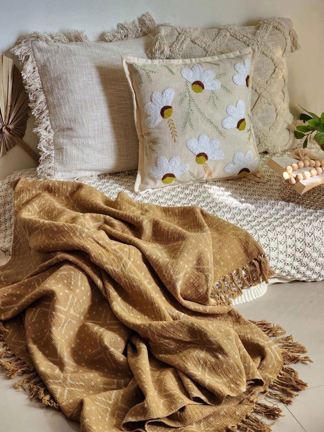 

HYPPY Off White & Mustard Floral Cotton Square Cushion Cover
