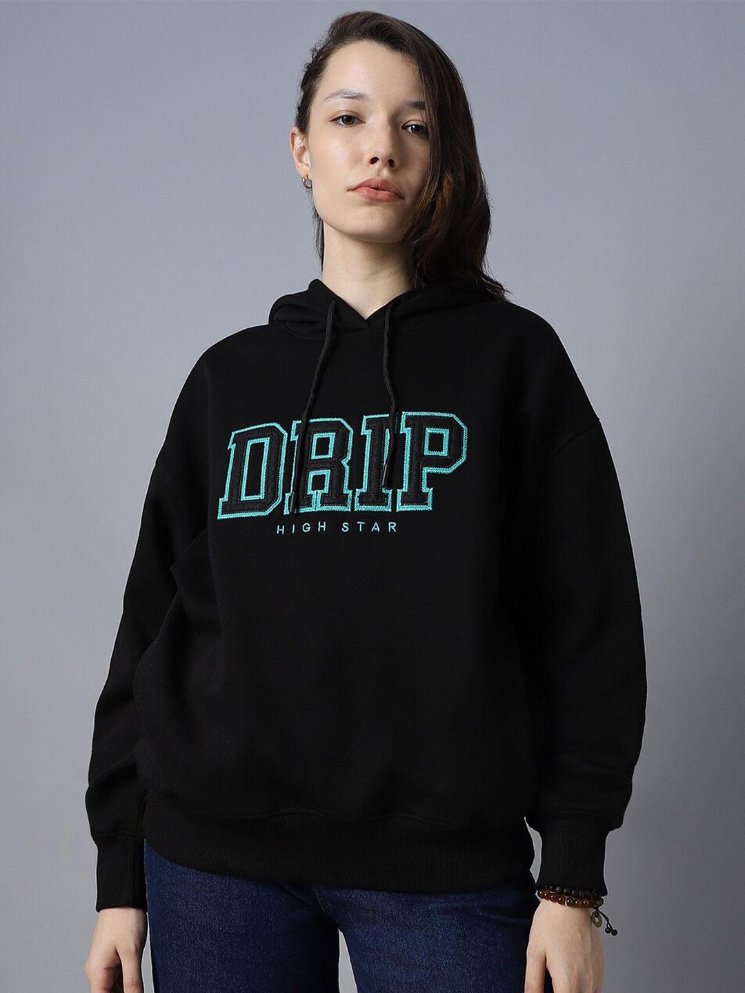 

High Star Typography Printed Hooded Long Sleeve Pullover Sweatshirt, Black