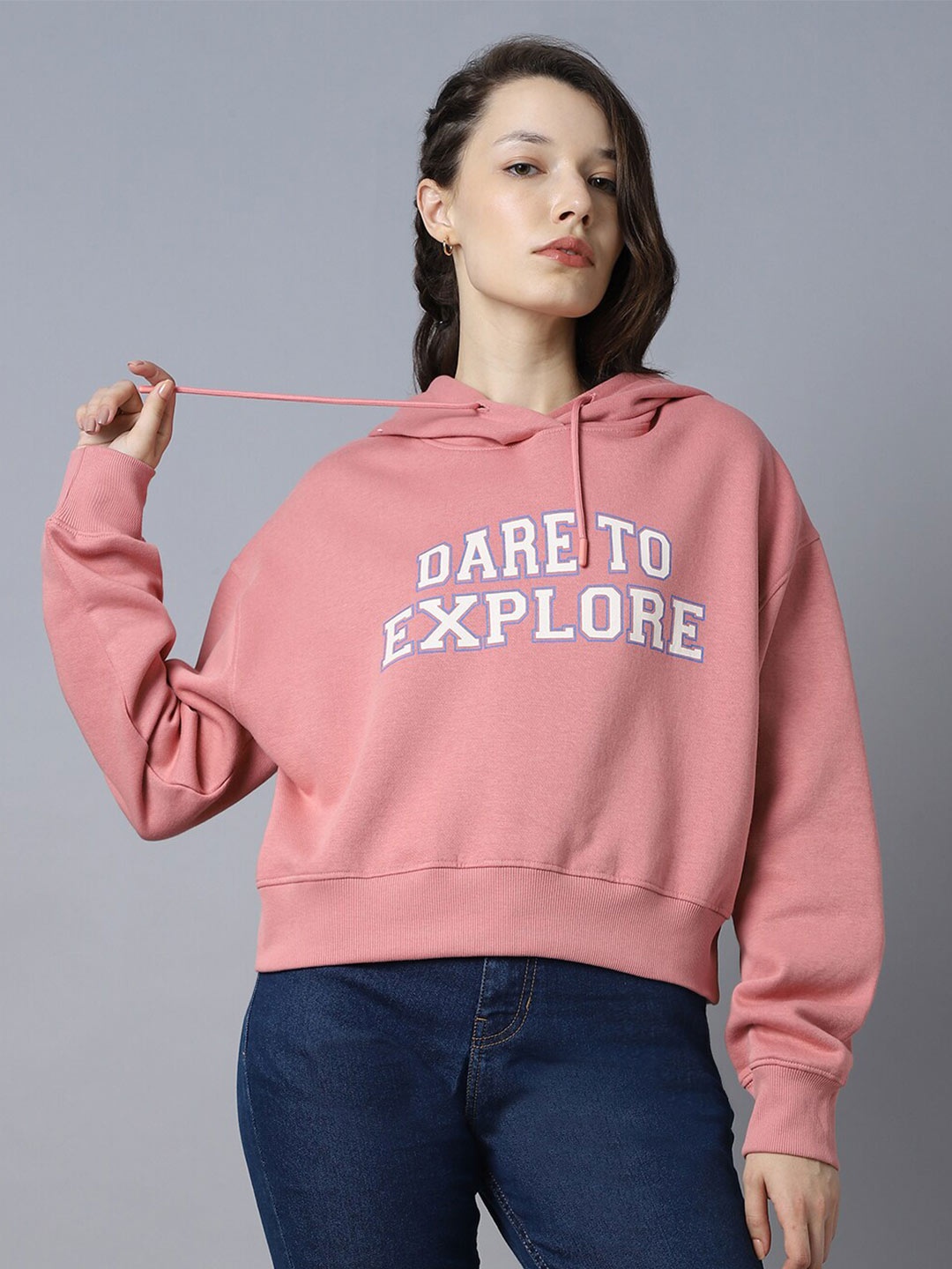 

High Star Typography Printed Hooded Long Sleeve Pullover Sweatshirt, Pink