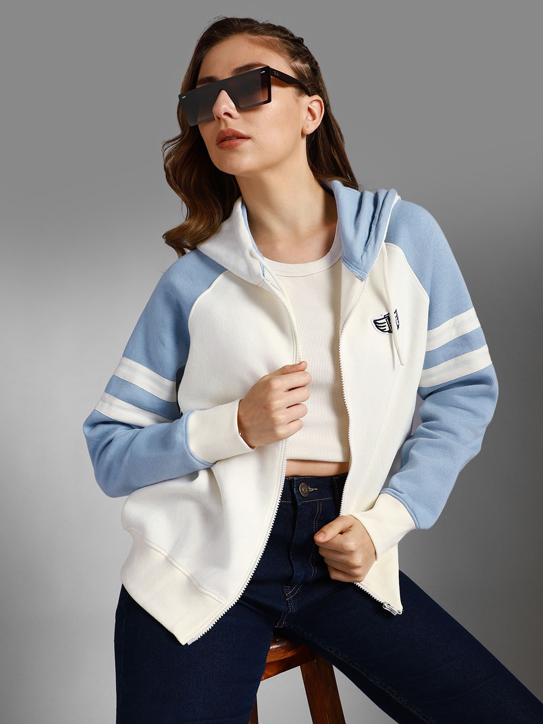 

High Star Colourblocked Hooded Long Sleeve Front-Open Sweatshirt, Off white