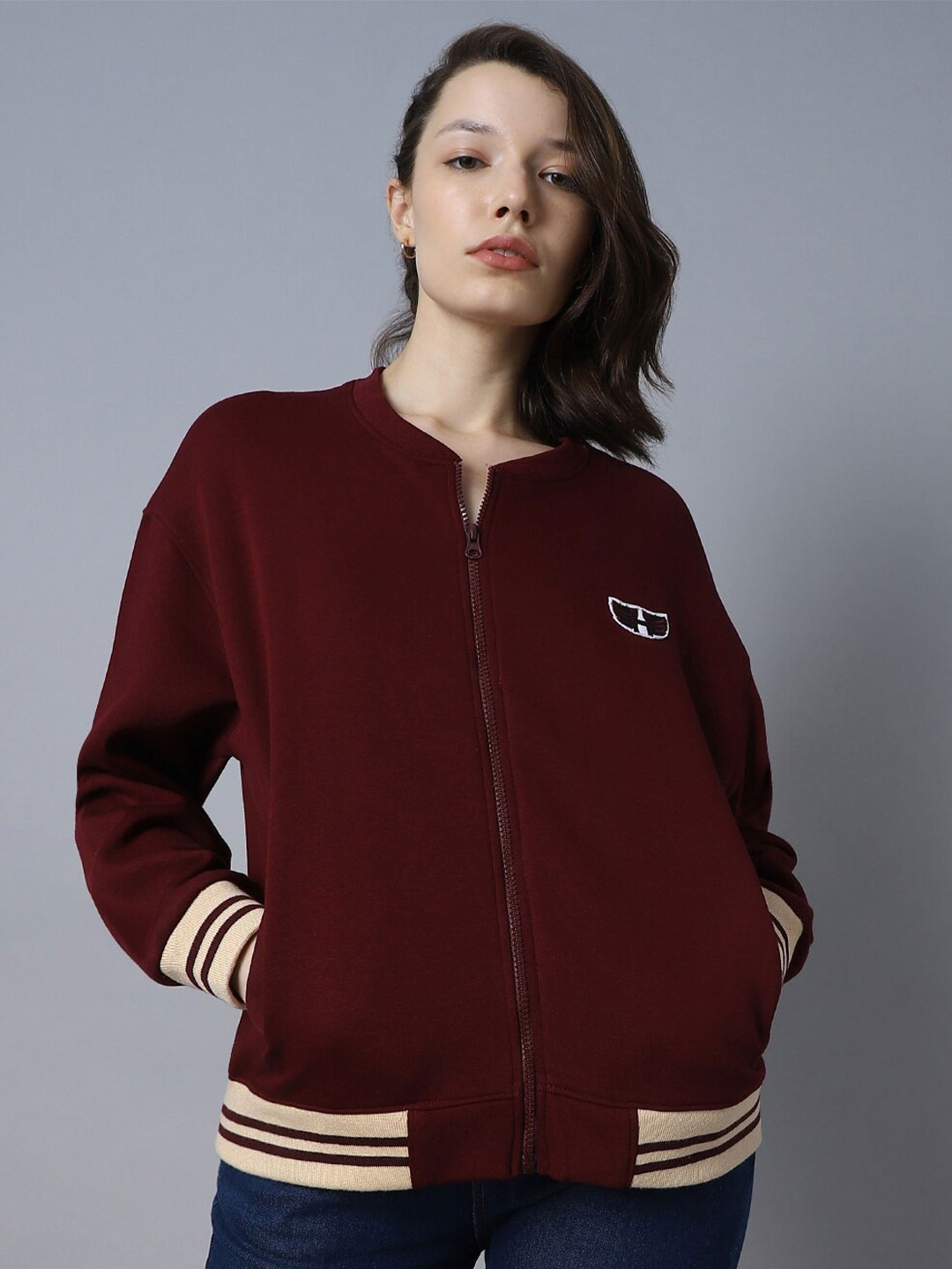 

High Star Mandarin Collar Long Sleeve Front-Open Sweatshirt, Red