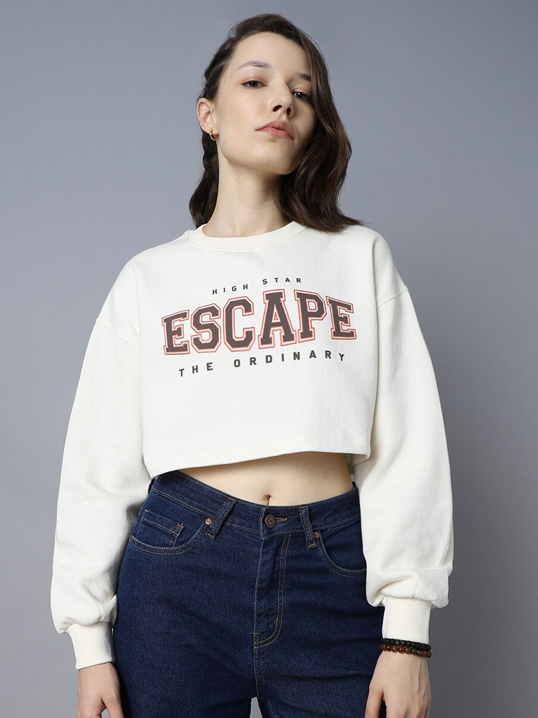 

High Star Typography Printed Round Neck Long Sleeve Pullover Crop Sweatshirt, Off white