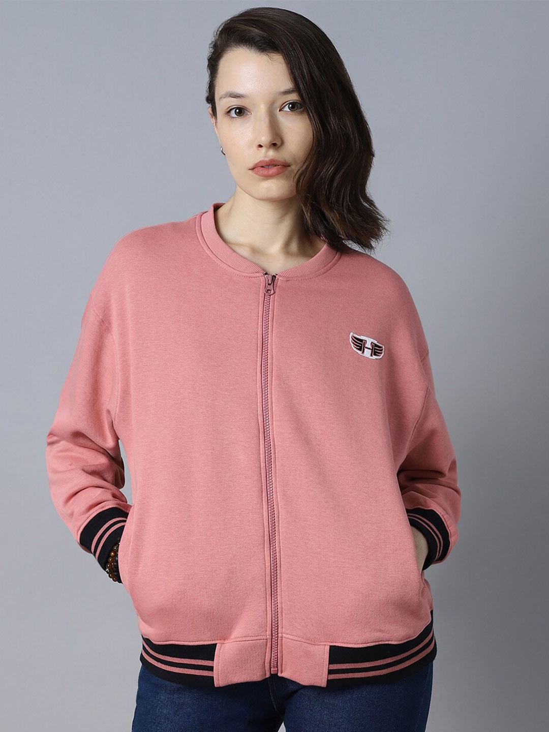 

High Star Mandarin Collar Long Sleeve Front-Open Sweatshirt, Pink